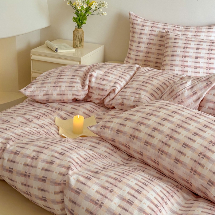 91家纺网 家纺一手货源 找家纺 塞纳 2026新款.全棉有氧双层纱四件套-场景一 云缦-咖