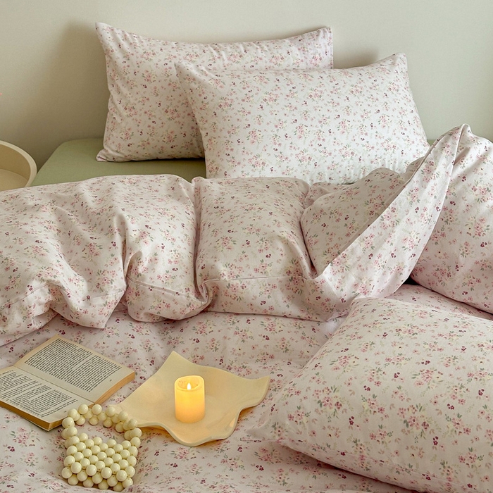 91家纺网 家纺一手货源 找家纺 2025新款全棉有氧A类母婴级双层纱印花四件套 拾秋-米粉