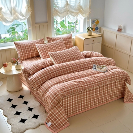 梦精灵家纺 2025新款全棉纯棉色织水洗棉床盖四件套加大尺寸单被套枕套 利奥-红