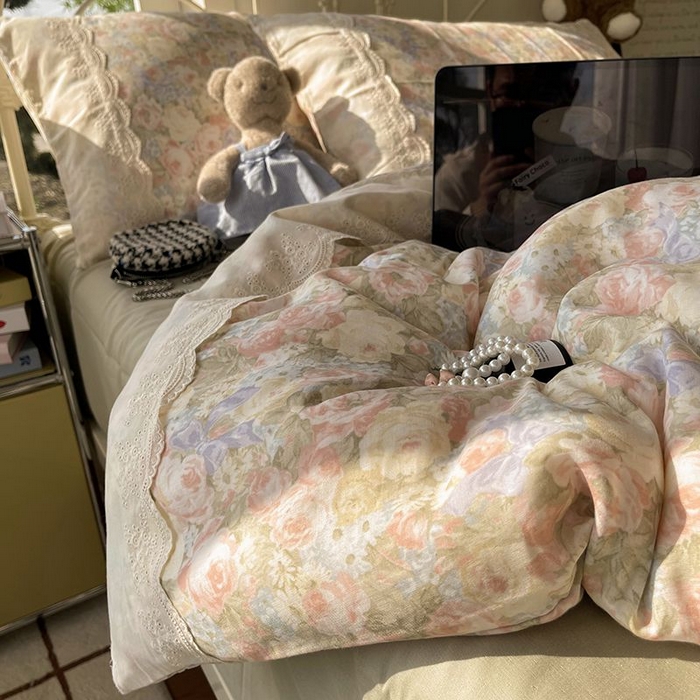 91家纺网 家纺一手货源 找家纺 （总）HL原创 2025法式花边油画风全棉双层纱四件套