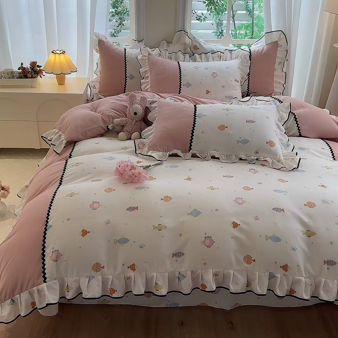 91家纺网 家纺一手货源 找家纺 大麦家纺 2025新款韩式花边亲肤棉四件套 好多鱼