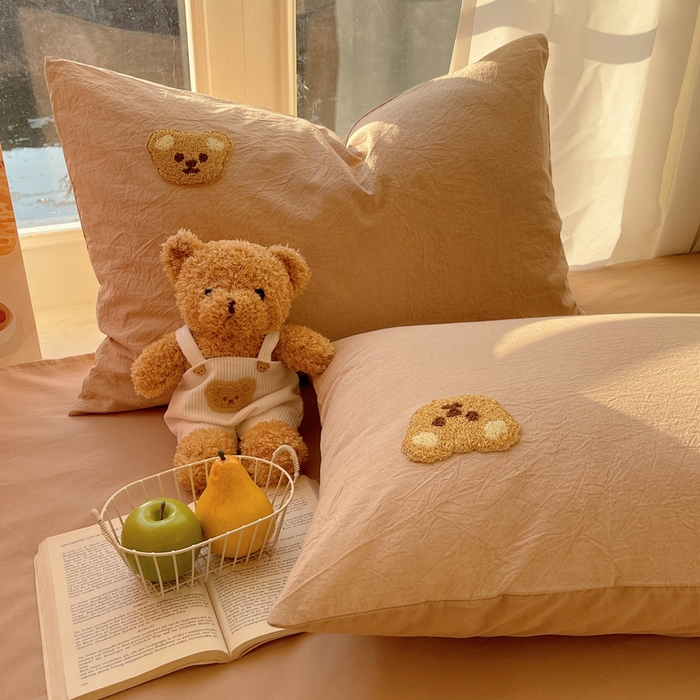 91家纺网 家纺一手货源 找家纺 慕尚家纺 2025新款春夏新款色织水洗棉毛巾绣四件套 嘟嘟熊 咖