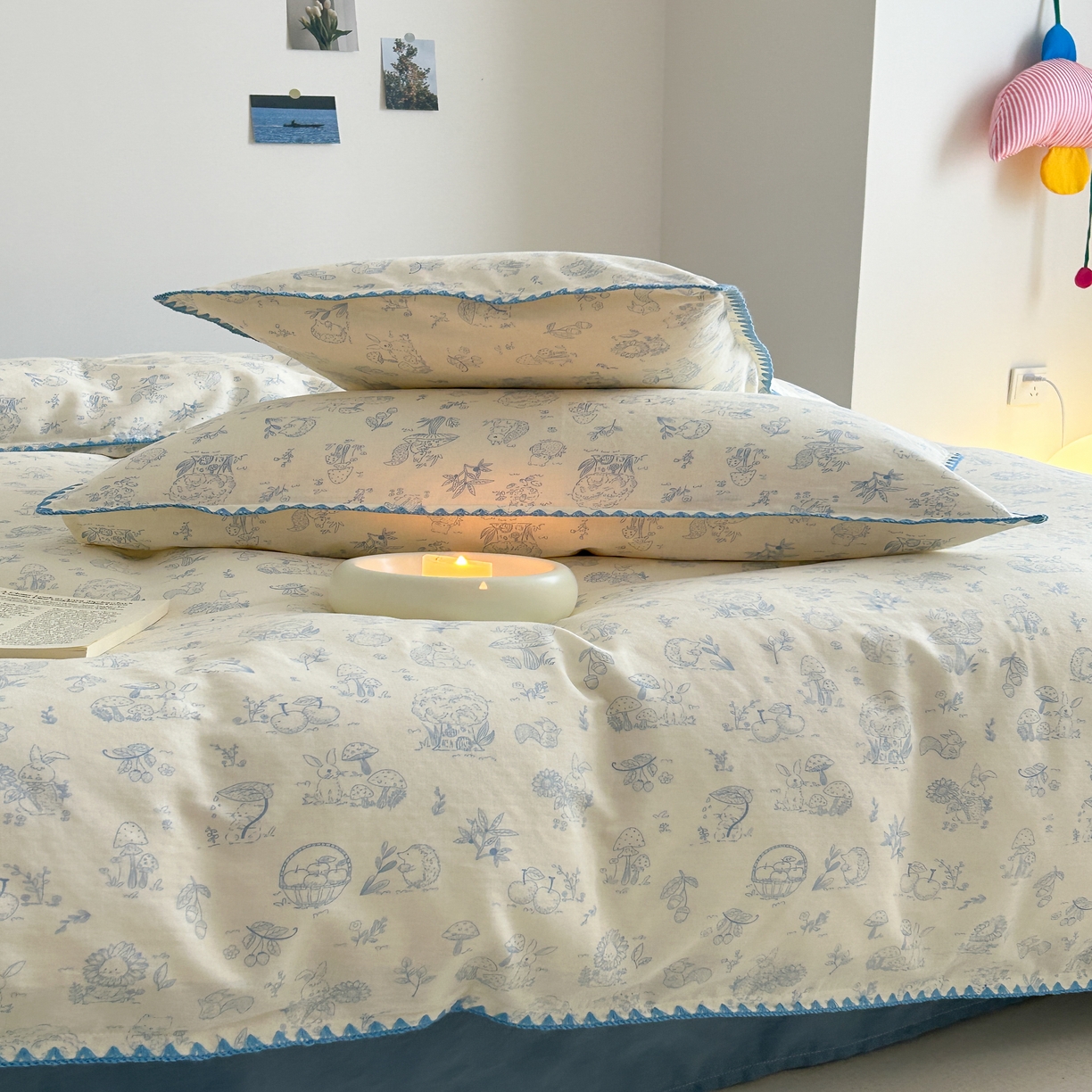 91家纺网 家纺一手货源 找家纺 2025新款工艺款全棉双层纱小清新贝壳边四件套 森林物语