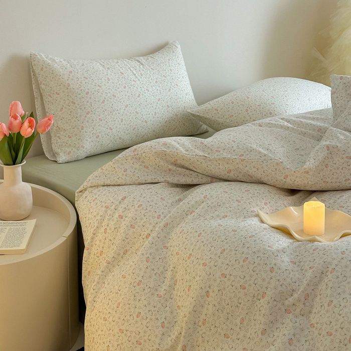 91家纺网 家纺一手货源 找家纺 2025新款全棉有氧A类母婴级双层纱印花四件套 柠语-绿