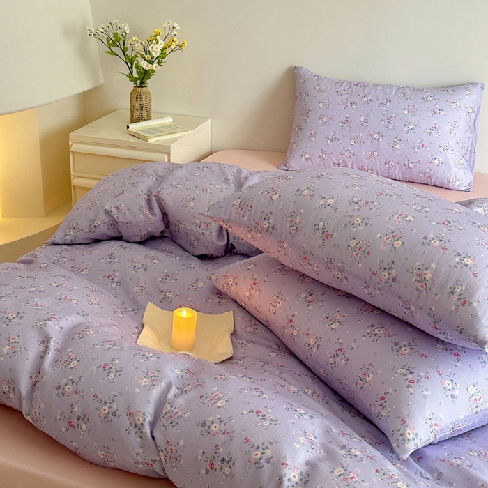 91家纺网 家纺一手货源 找家纺 塞纳 2026新款.全棉有氧双层纱四件套-场景一 汀花里-紫