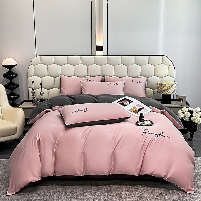 91家纺网 家纺一手货源 找家纺 富宁2025新款水洗真丝时光字母冰丝刺绣四件套 豆沙+高级灰