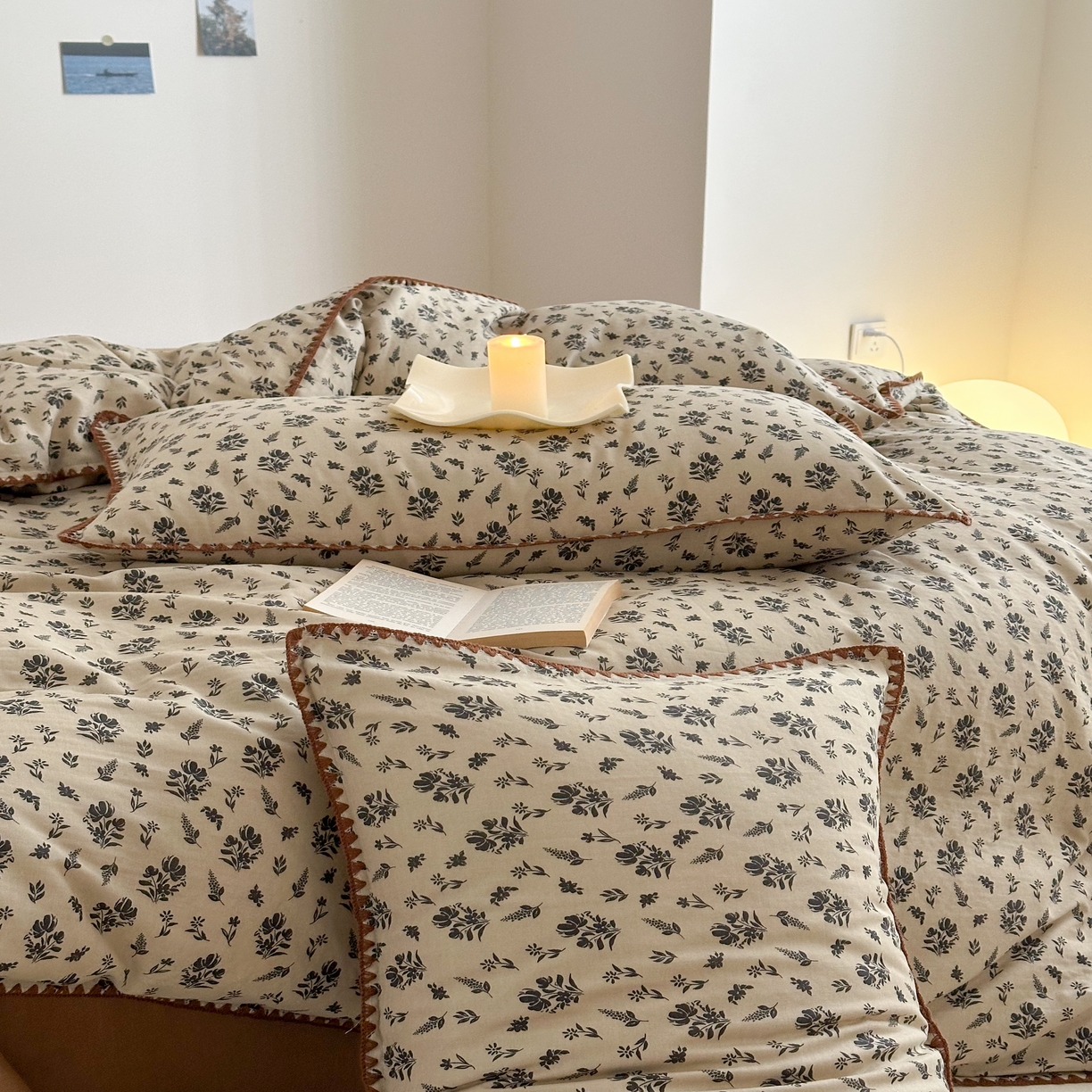 91家纺网 家纺一手货源 找家纺 2025新款工艺款全棉双层纱小清新贝壳边四件套 婉墨