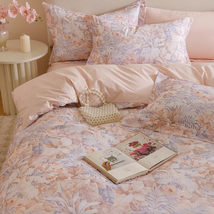 91家纺网 家纺一手货源 找家纺 2025新款全棉纯棉【如梦令】红金裸盖棉四件套【标准号全网控价（折后券后）不低于199元】 花满溪