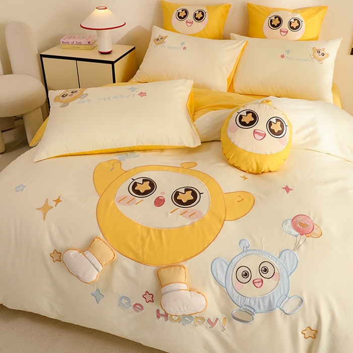 91家纺网 家纺一手货源 找家纺 绒棉世家 2025绒棉世家新款全棉水洗棉贴布绣专版四件套 蛋仔