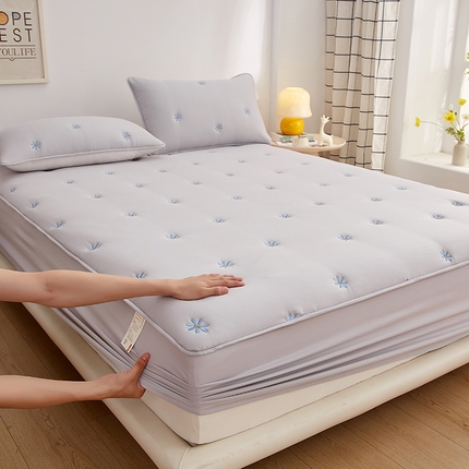 盛眠 2025新款水洗棉刺绣夹棉床笠床罩家用床垫套 雏菊 灰