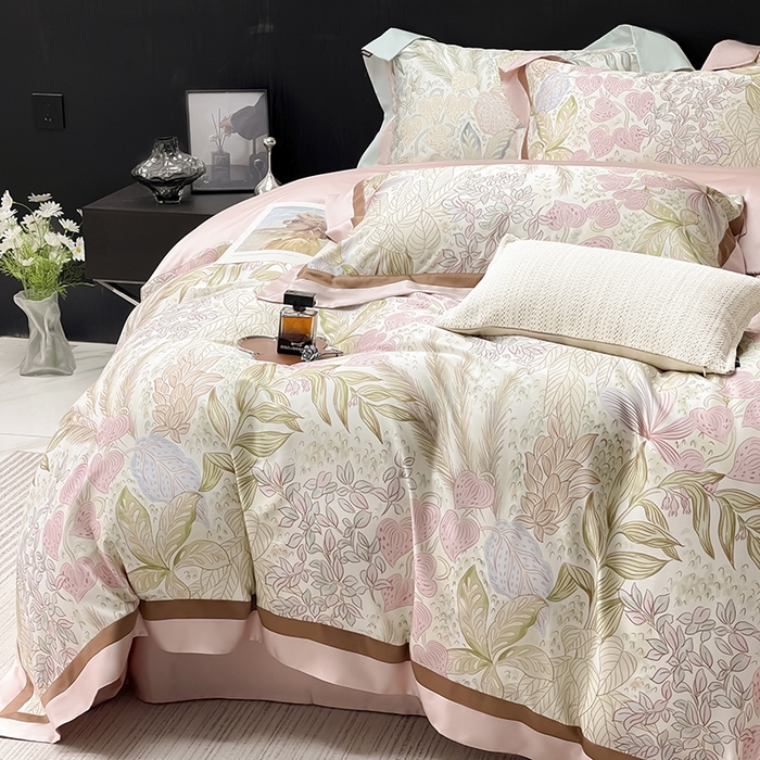 91家纺网 家纺一手货源 找家纺 2025夏季A类天丝棉夹棉床盖床笠四件套全棉纯棉纯色长绒棉真丝保护罩高级感床上用品 苏茵