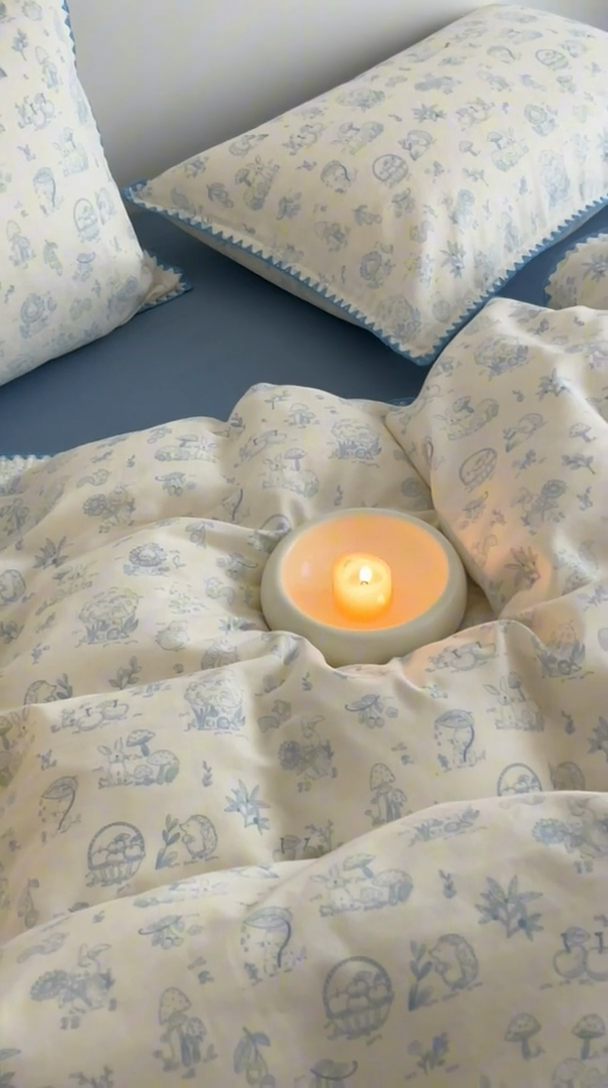 91家纺网 家纺一手货源 找家纺 2025新款工艺款全棉双层纱小清新贝壳边四件套 森林物语