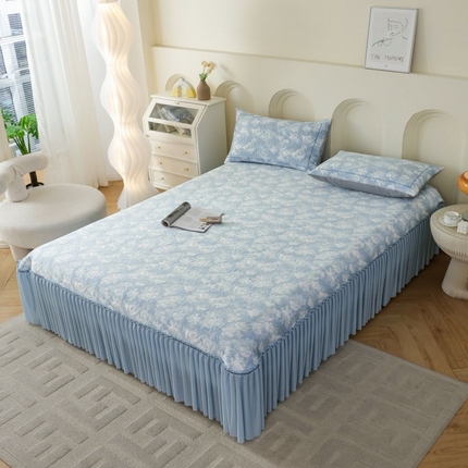 2025新款玫瑰亲肤冰丝席床裙 蓝色