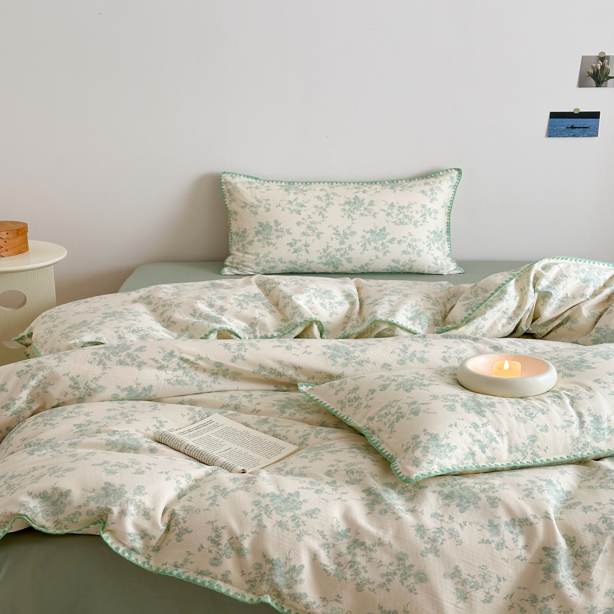 91家纺网 家纺一手货源 找家纺 2025新款工艺款全棉双层纱小清新贝壳边四件套 梨漫