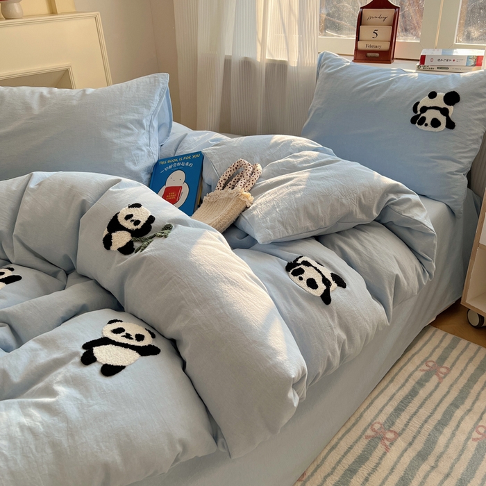 91家纺网 家纺一手货源 找家纺 慕尚家纺 2025新款春夏新款色织水洗棉毛巾绣四件套 熊猫 蓝