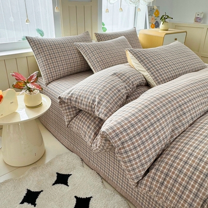 梦精灵家纺 2025新款全棉纯棉色织水洗棉床盖四件套加大尺寸单被套枕套 可颂-咖