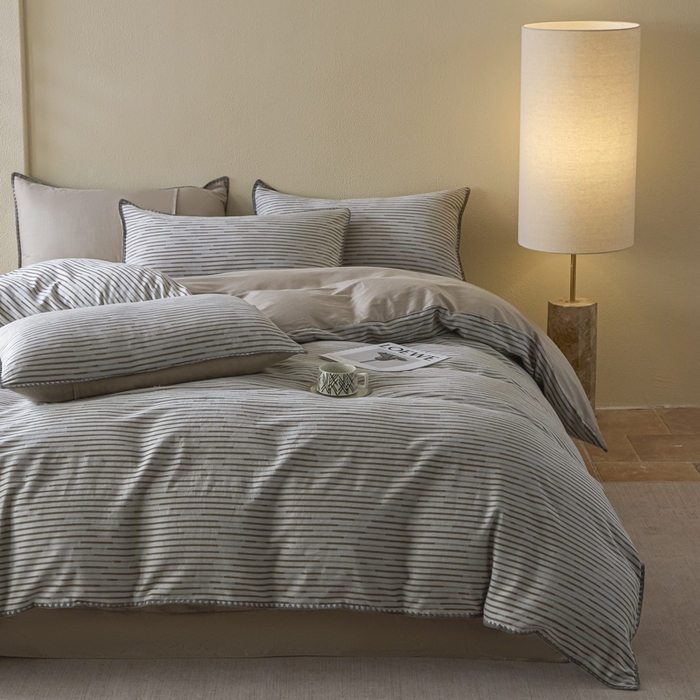 91家纺网 家纺一手货源 找家纺 2025新款亲肤全棉三层纱提花四件套 韵律-沉香