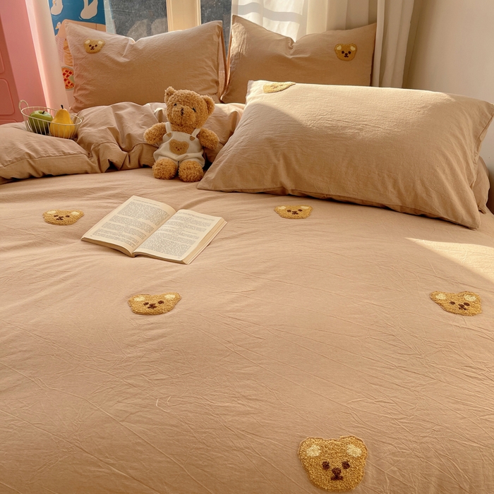 91家纺网 家纺一手货源 找家纺 慕尚家纺 2025新款春夏新款色织水洗棉毛巾绣四件套 嘟嘟熊 咖