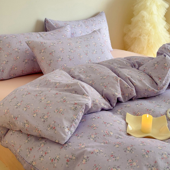 91家纺网 家纺一手货源 找家纺 塞纳 2026新款.全棉有氧双层纱四件套-场景一 汀花里-紫