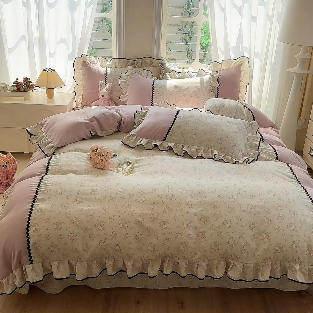 91家纺网 家纺一手货源 找家纺 大麦家纺 2025新款韩式花边亲肤棉四件套 花影