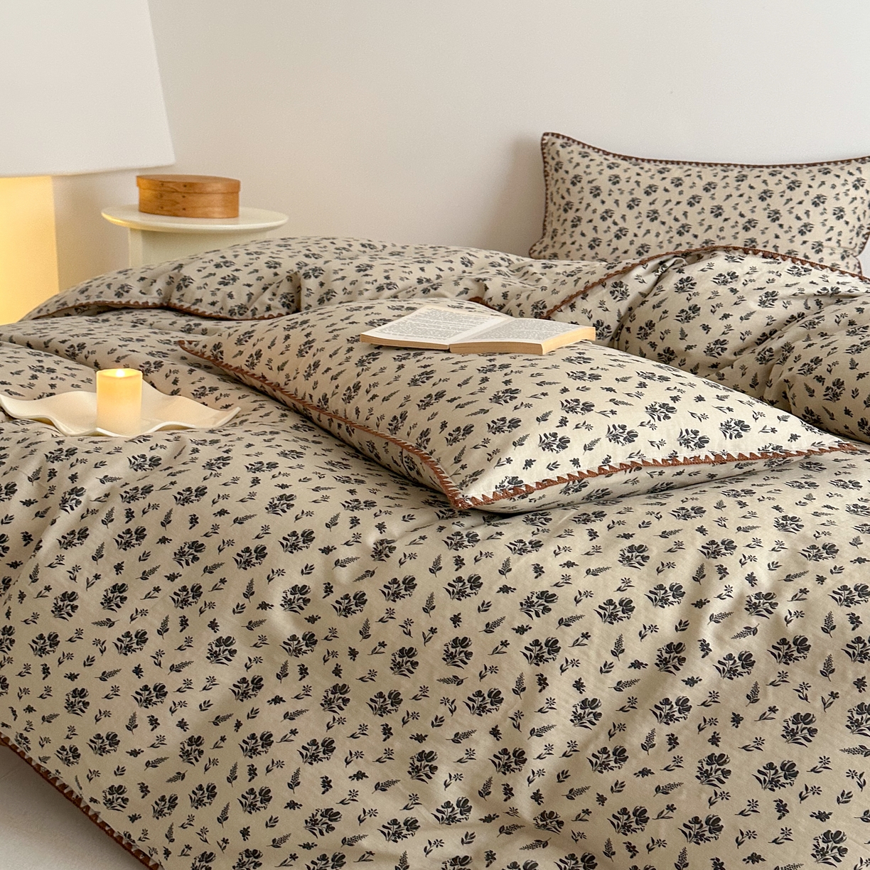 91家纺网 家纺一手货源 找家纺 2025新款工艺款全棉双层纱小清新贝壳边四件套 婉墨