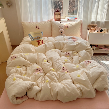 慕尚家纺 2025新款春夏新款色织水洗棉毛巾绣四件套 圣诞树 粉