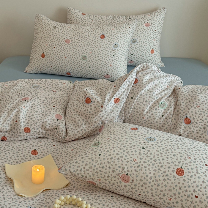 91家纺网 家纺一手货源 找家纺 塞纳 2026新款.全棉有氧双层纱四件套-场景一 南瓜派对-黄