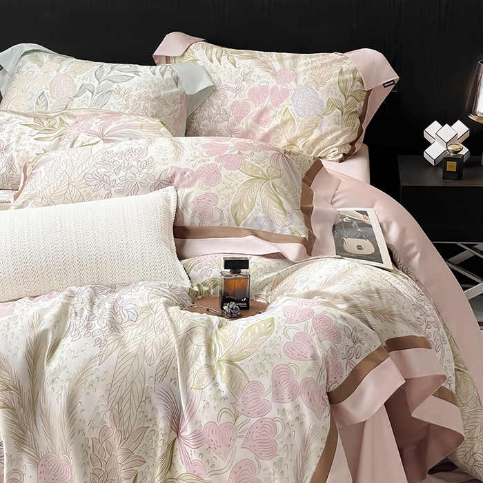 91家纺网 家纺一手货源 找家纺 2025夏季A类天丝棉夹棉床盖床笠四件套全棉纯棉纯色长绒棉真丝保护罩高级感床上用品 苏茵