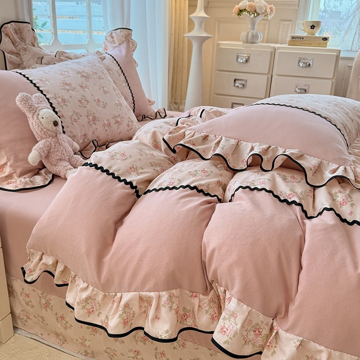 91家纺网 家纺一手货源 找家纺 大麦家纺 2025新款韩式花边亲肤棉四件套 繁花