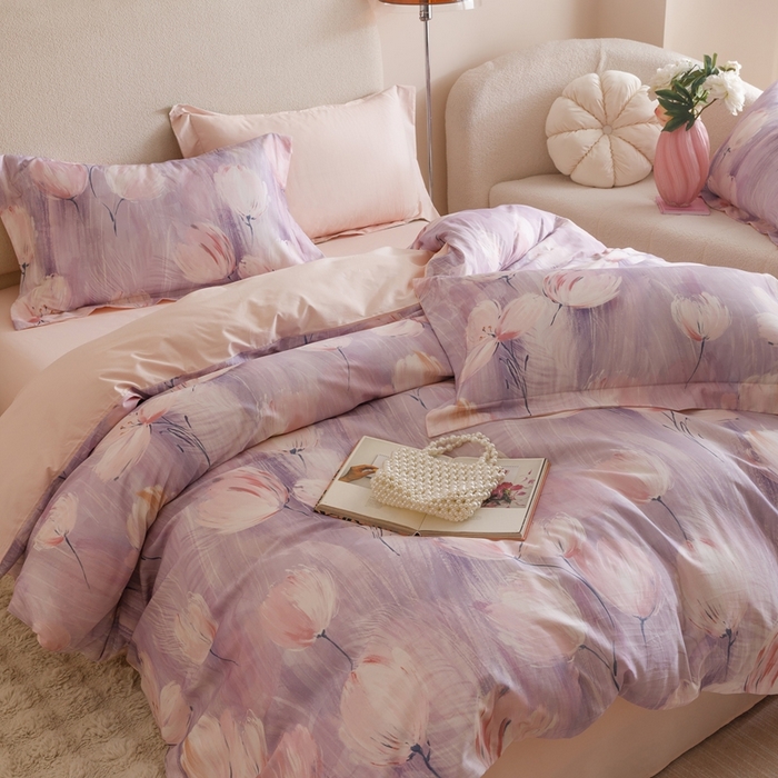 91家纺网 家纺一手货源 找家纺 2025新款全棉纯棉【如梦令】红金裸盖棉四件套【标准号全网控价（折后券后）不低于199元】 紫锦柔蔓