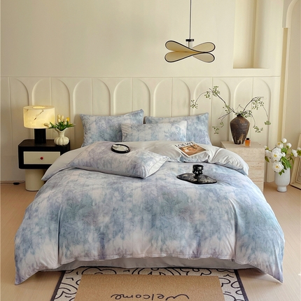 2025新款仿色织提花数码印花水洗棉四件套 春纱 蓝