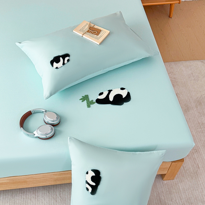 91家纺网 家纺一手货源 找家纺 澳梵家居 2025新款A类全棉毛巾绣床笠 熊猫-水蓝