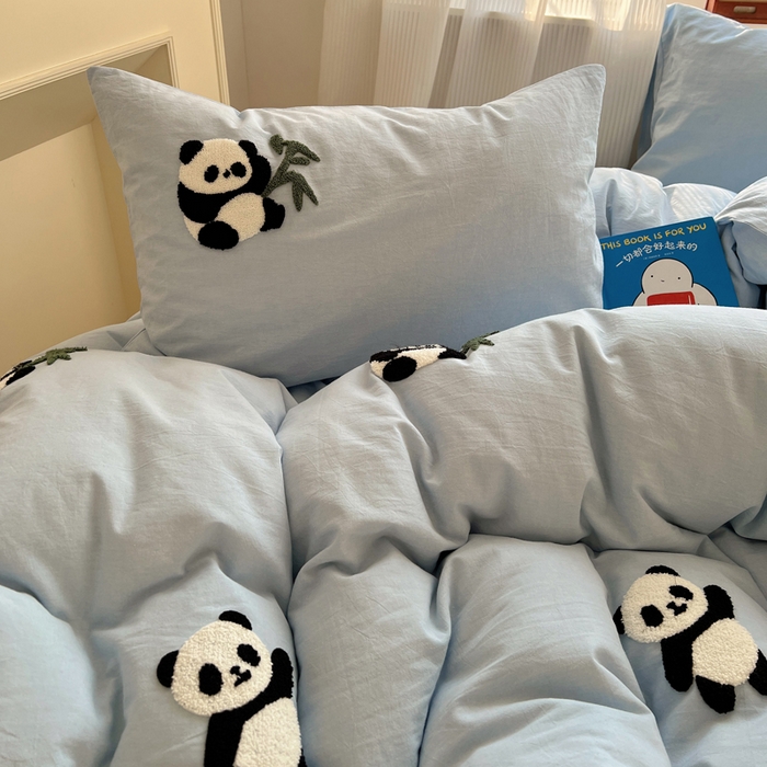 91家纺网 家纺一手货源 找家纺 慕尚家纺 2025新款春夏新款色织水洗棉毛巾绣四件套 熊猫 蓝