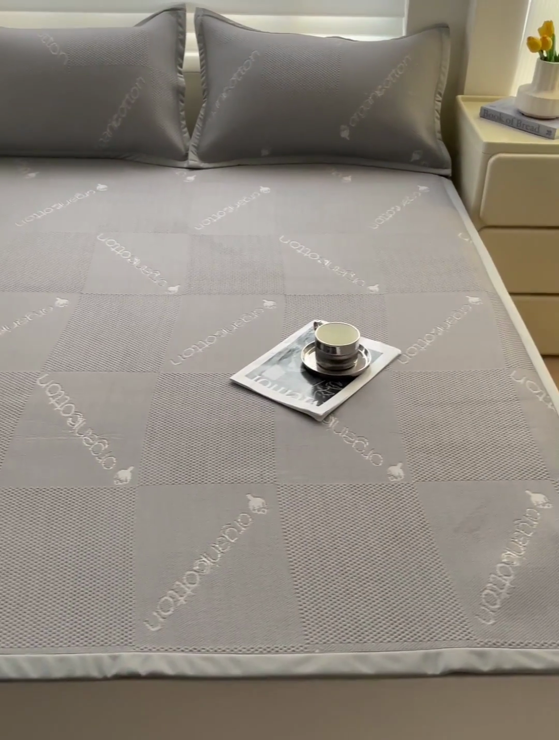 91家纺网 家纺一手货源 找家纺 富馨莱 2025新款A类480克PE凉感凉豆豆凉席三件套和单件平铺款 绅士灰