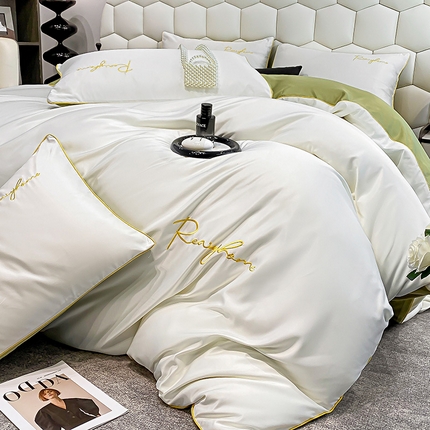 富宁2025新款水洗真丝时光字母冰丝刺绣四件套 奶油白+绿