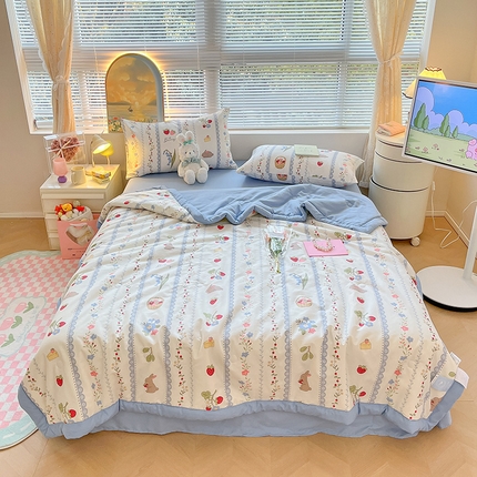 91家纺网 家纺一手货源 找家纺 一加一 2025新款A棉B水洗棉大豆夏被四件套 草莓兔