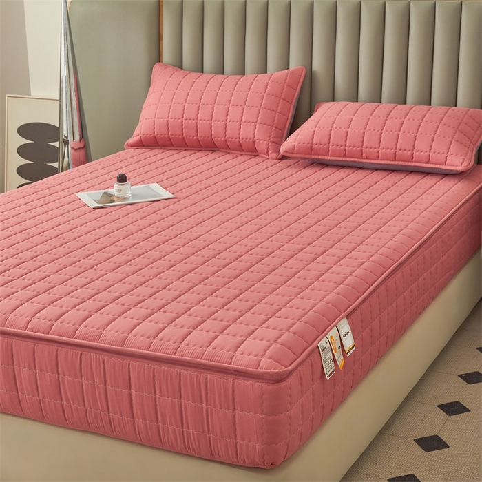 91家纺网 家纺一手货源 找家纺 欧邦 2025新款水洗原棉六面全包夹棉床笠 珠玉粉