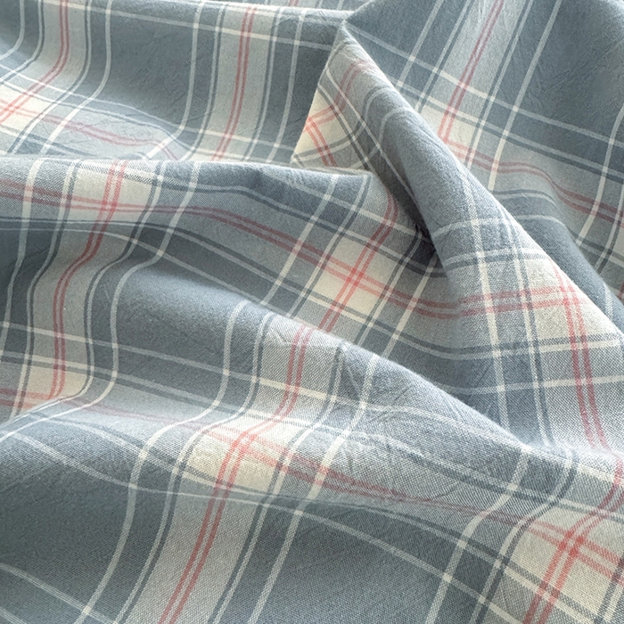 91家纺网 家纺一手货源 找家纺 玖弘家居 2025新款水洗棉格子系列四件套 柔光格蓝