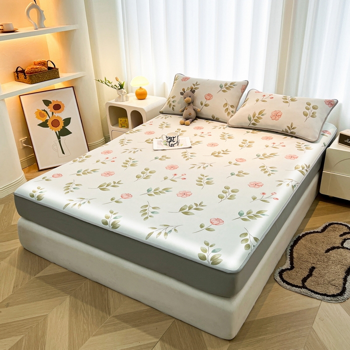 91家纺网 家纺一手货源 找家纺 2025春夏新款独家研发太空层凉感软席冰丝印花凉席床笠款 莫妮卡