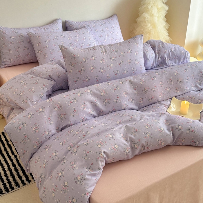 91家纺网 家纺一手货源 找家纺 塞纳 2026新款.全棉有氧双层纱四件套-场景一 汀花里-紫