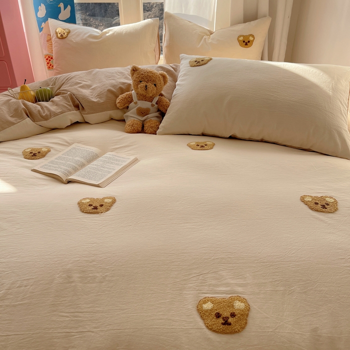 91家纺网 家纺一手货源 找家纺 慕尚家纺 2025新款春夏新款色织水洗棉毛巾绣四件套 嘟嘟熊 白