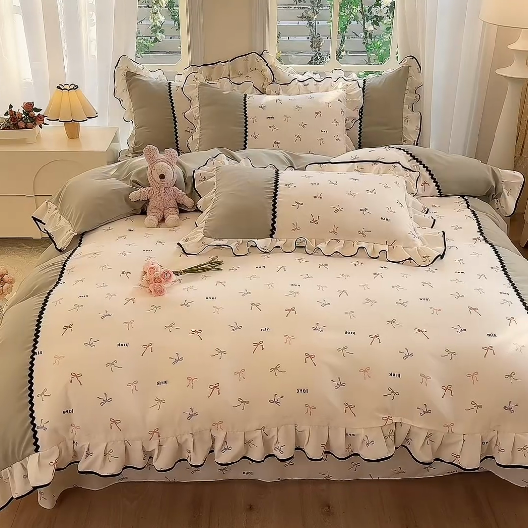 91家纺网 家纺一手货源 找家纺 大麦家纺 2025新款韩式花边亲肤棉四件套 蝴蝶结