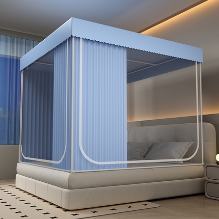 无瑕家居 2025新款遮光床幔防蚊三开门免安装宿舍蚊帐家用卧室儿童安装支架防摔坐床拉链蚊帐 天空蓝【两片围三面】