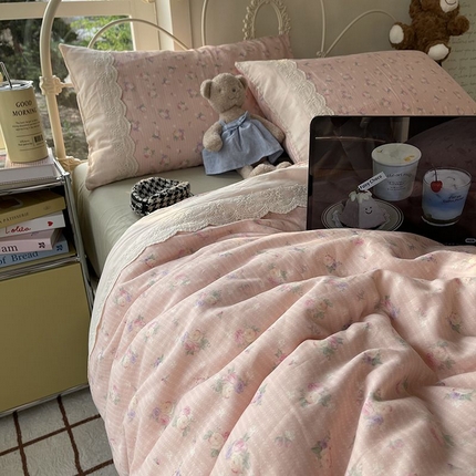 91家纺网 家纺一手货源 找家纺 （总）HL原创 2025法式花边油画风全棉双层纱四件套