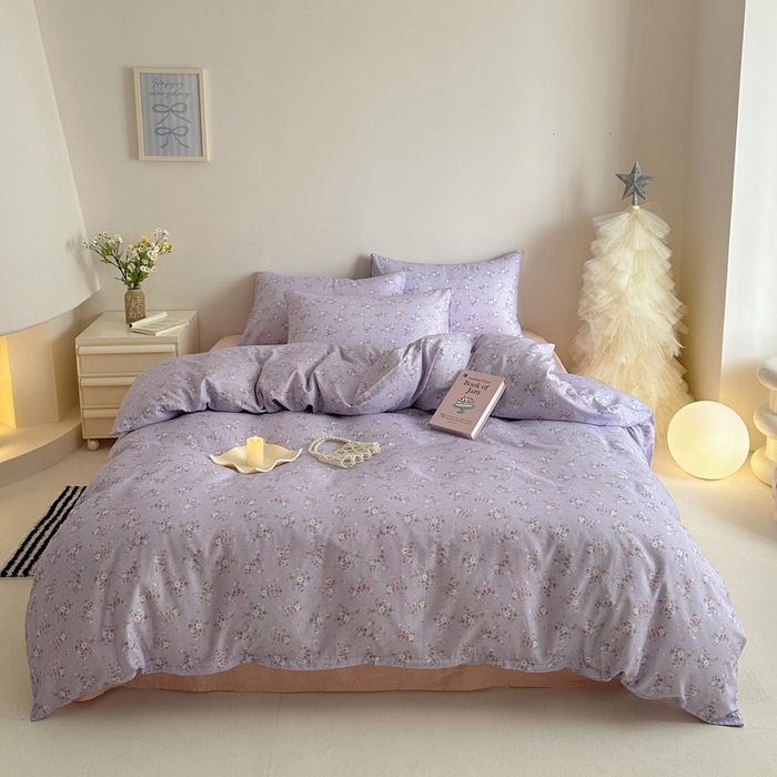 91家纺网 家纺一手货源 找家纺 塞纳 2026新款.全棉有氧双层纱四件套-场景一 汀花里-紫