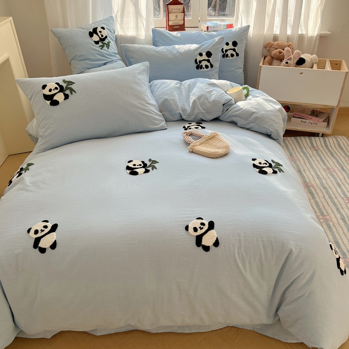 91家纺网 家纺一手货源 找家纺 慕尚家纺 2025新款春夏新款色织水洗棉毛巾绣四件套 熊猫 蓝