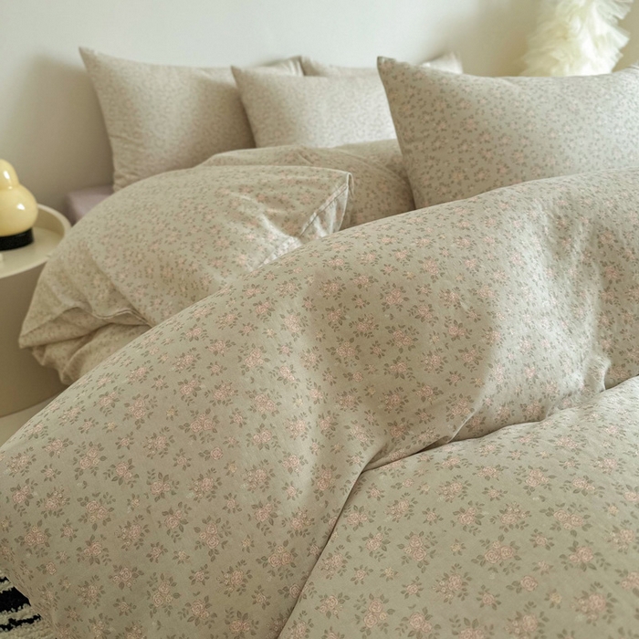 91家纺网 家纺一手货源 找家纺 塞纳 2026新款.全棉有氧双层纱四件套-场景一 宛夏-浅绿