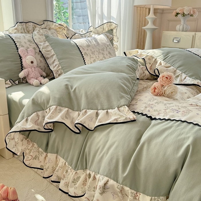 91家纺网 家纺一手货源 找家纺 大麦家纺 2025新款韩式花边亲肤棉四件套 花间小鹿