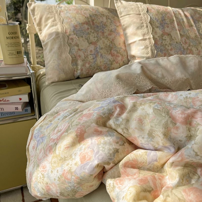 91家纺网 家纺一手货源 找家纺 （总）HL原创 2025法式花边油画风全棉双层纱四件套