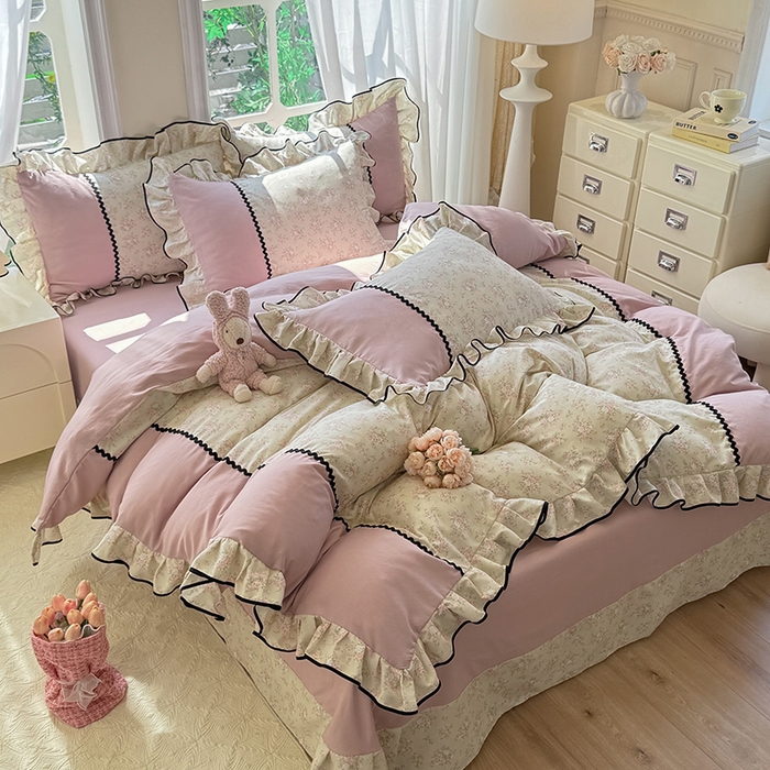 91家纺网 家纺一手货源 找家纺 大麦家纺 2025新款韩式花边亲肤棉四件套 花影